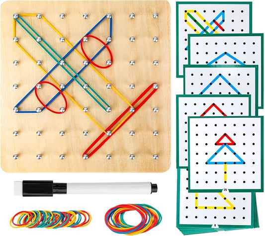 HEELWIRE Wooden Geoboard,Montessori Toy,Graphical Mathematical Education Toy for Kids with Pattern Cards and Rubber Bands to Figures and Shapes, Brain Teaser STEM Toy Geo Board (6 * 6 * 0.6 in)