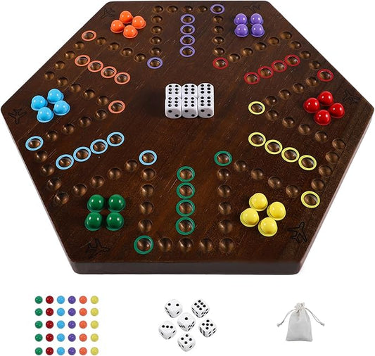 HOROW 20 inch Wahoo Marble Board Game for 4-6 Players - 2 Sided Painted Wooden Board - Thicken Dice Marbles Game - Perfect for Family & Party Game Nights (Fire Color)