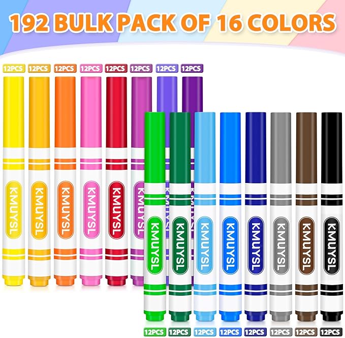 KMUYSL Washable Markers Bulk, Assorted Colors - Broad Line Conical Tip Coloring Markers for Kids, School Art Supplies & Back to School Supplies, Teacher Classroom Must Haves (16 Colors, 192 Pcs)