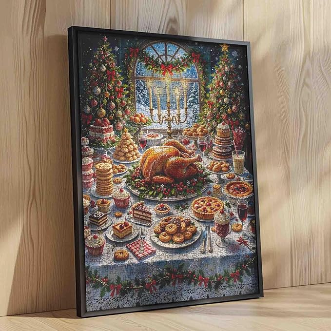 Christmas Feast 1000 Piece Jigsaw Puzzles for Adults Christmas Turkey Painting Jigsaw Puzzle Xmas Trees with Ball Puzzles 20''x27”inch Cookie 1000 Pieces Craft Puzzle Wall Decor Family Challen