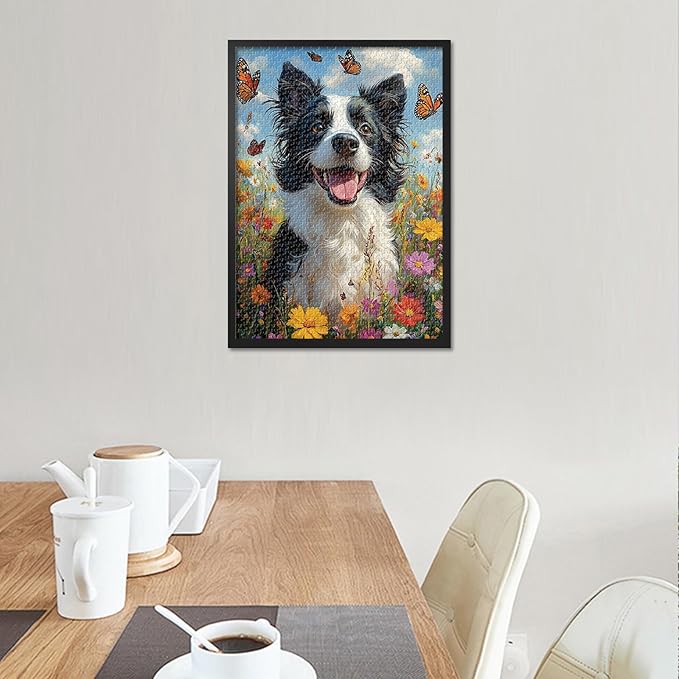 1000 Piece Puzzle for Adults, Jigsaw Puzzles 1000 Pieces for Adults - Dog and Butterfly in a Sea of Flowers, Coolest Adult Puzzles, 27.5x19.7 in