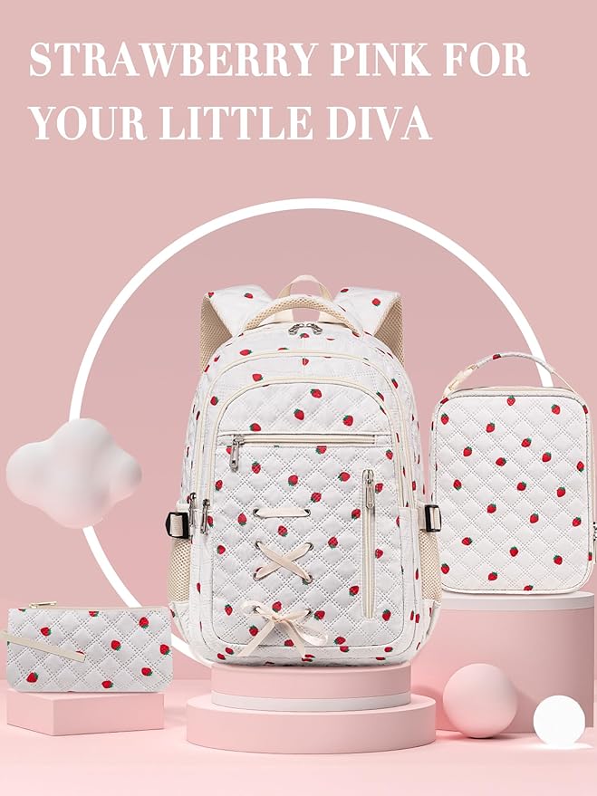 Cute Strawberry Print Backpack with Lunch Box and Pencil Case for Girls Teens Kids for Age 8-10 10-12 12-14 Kawaii Backpack for Elementary Middle High School Bookbag Mochila Para Niñas