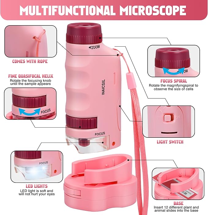 Portable Microscope for Kids Zoom 60x-180x,Handheld Mini Microscope STEM & Science Toys,LED Pocket Little Scientist Microscopes with 12pcs Slides,Gifts for 6,7,8,9,10+ Girls Boys(2PCS Pink)