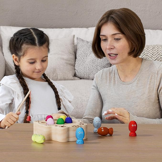 Wooden Magnetic Fishing Game for Toddlers 1-3, Montessori Sensory Busy Board Fine Motor Skills Toys for 1 2 3 Years Old Boys Girls (Frog B-Fish Game)