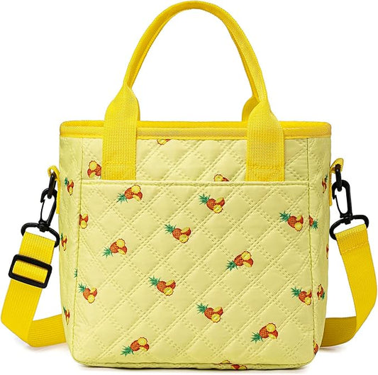 Vibrant Pineapple-Print Small Lunch Bag for Women Men Kids, Compact Waterproof LunchBox for Work, Travel, Shopping, Outdoor Picnic, Stylish Lunch Tote Bag with Dual Zipper