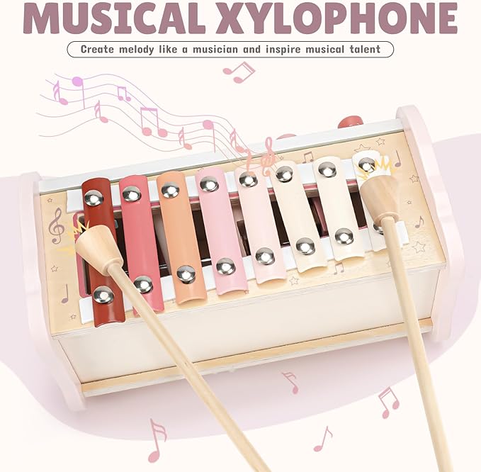 Joyreal Montessori Toys for 1 Year Old Girl Gift - Pink Wooden Hammering Pounding Toy with Xylophone & Fishing Game - Toddler Learning Activities for Kids 1+ 2 3 Year Old Christmas Birthday Gifts
