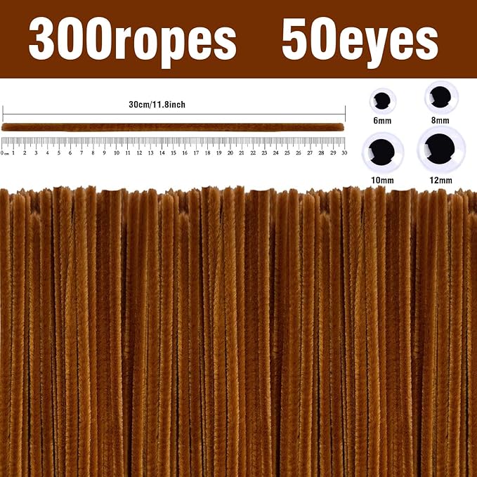 URSDIART (350pcs/Set) Brown Pipe Cleaners and Wiggle Eyes, Solid Color Halloween Chenille Stems Pipe Cleaners Bulk 12 Inch Pipe Cleaners for Crafts DIY Creative, Christmas Decoration Art Supplies