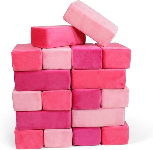 The Original Premium Plush Building Block for Kids - Certified Safe Foam Blocks in Luxuriously Soft Fabric Covers - Set of 24 (Pretty Pink)