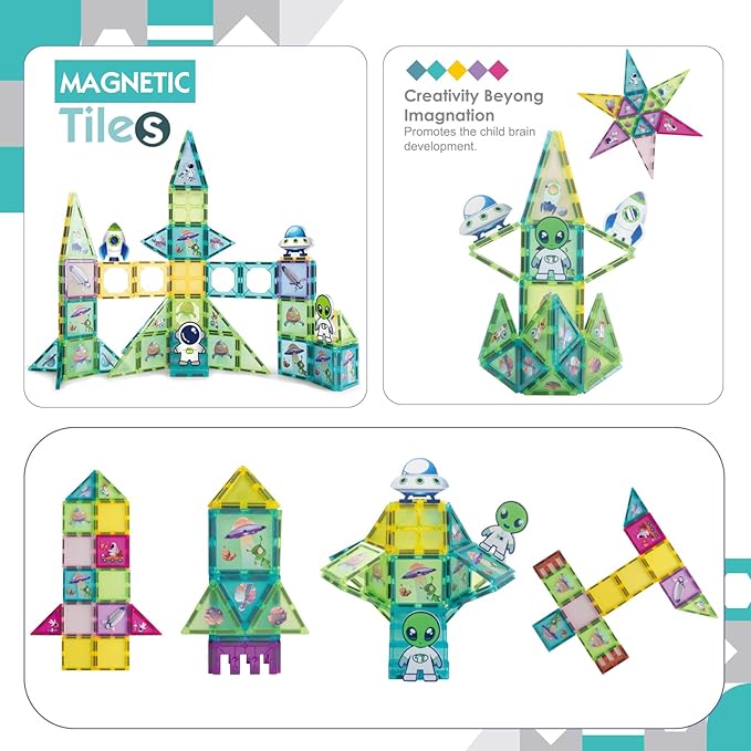Magnetic Tiles Building Block Set Magnet Tiles Educational Toy Space Adventure Learning Construction Magnetic Toys Set Birthday Gift for Boys Girls Kids Age 3 4 5 6 7 8