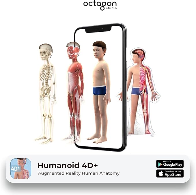 4D+ Augmented Reality Flashcards for Kids – Educational STEM Cards with Free App – Interactive Learning for Ages 4+ (Humanoid 4D+)