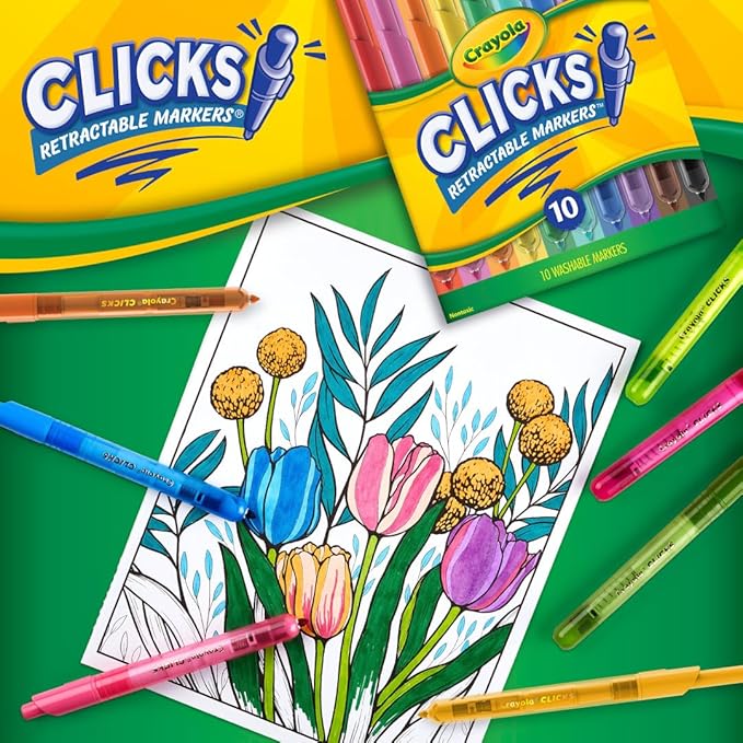 Crayola Clicks Retractable Tip Marker Set for Kids (10ct), Teacher Supplies, Long Lasting Markers For School, No Dry, Coloring Book Essentials, 6+