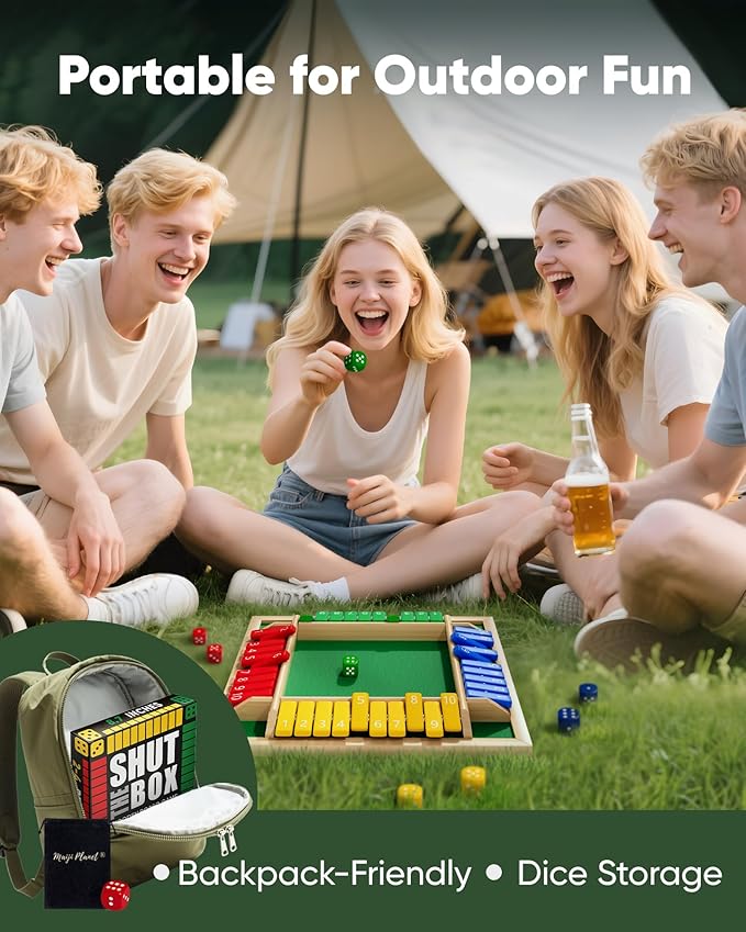 Classic Original Shut The Box Game, Math Dice Board Game for Family Night Classroom Travel, Wooden Table for Group Kid Adult Senior, Camp Party Bar, Easy Quick and Fun, 2-4 Players