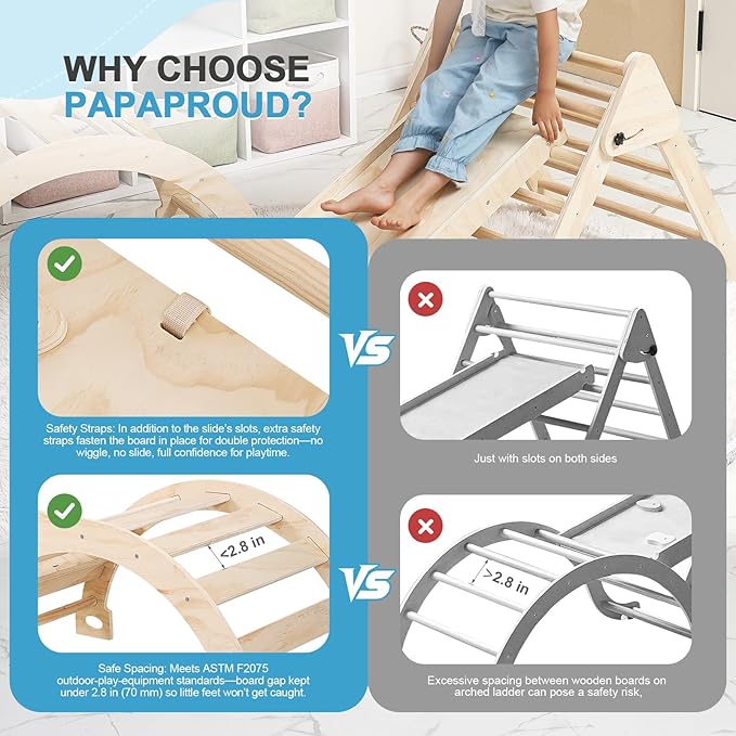 Pikler Triangle Set for Toddlers, 7-in-1 Foldable Montessori Climbing Gym with Safety Strap on Slide, Indoor Wooden Arch, Ramp, Ladder for Active Play - Natural