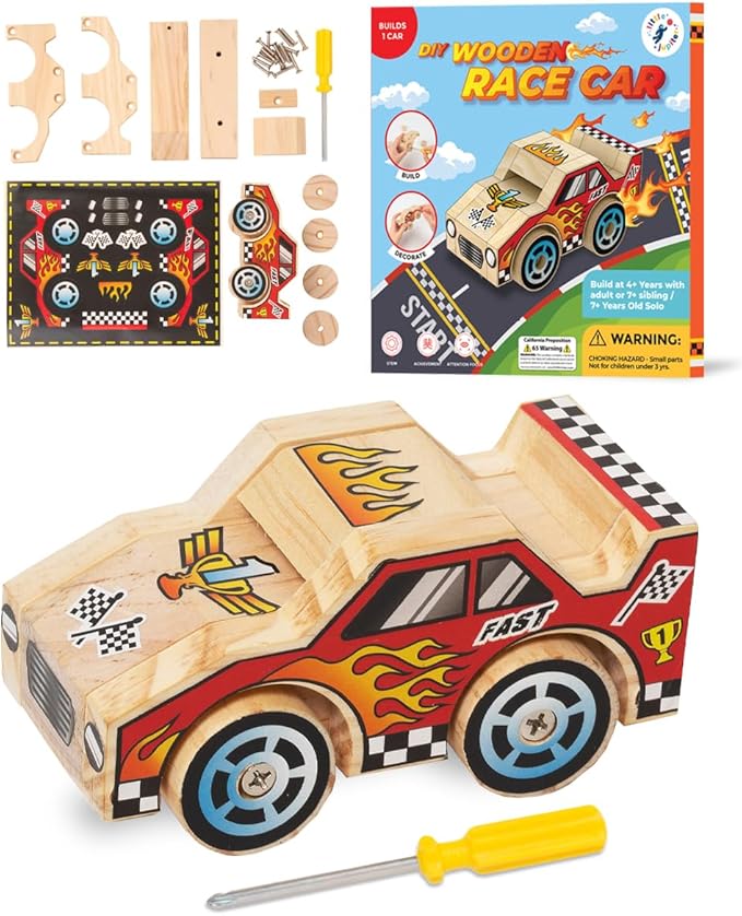 Little Jupiter DIY Wooden Kits w/Stickers - Building Kit - Stem Building Toys - Wood Crafts - Woodworking Kit - Wood Building for Ages 4-7 Yrs (Race Car)
