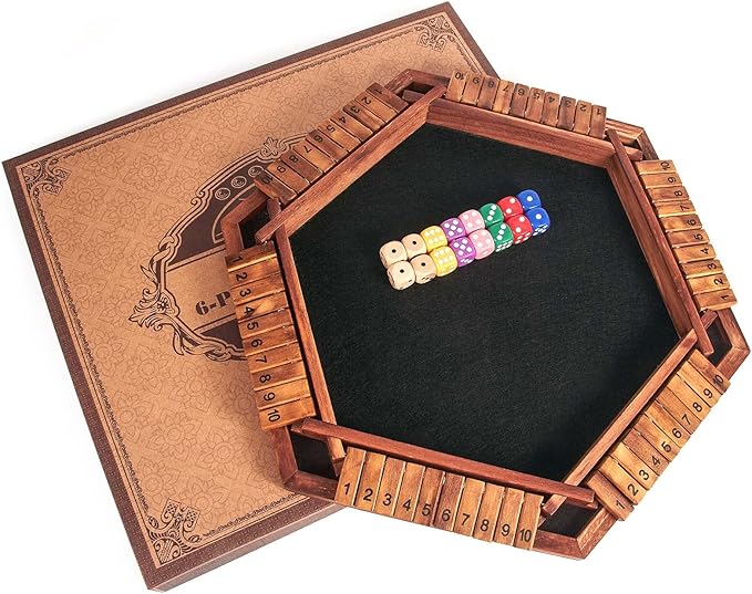 AMEROUS Upgraded 1-6 Players Shut The Box Dice Game, Wooden Board Table Math Game with 16 Dice for Kids Adults, Family Classroom Home Party or Pub