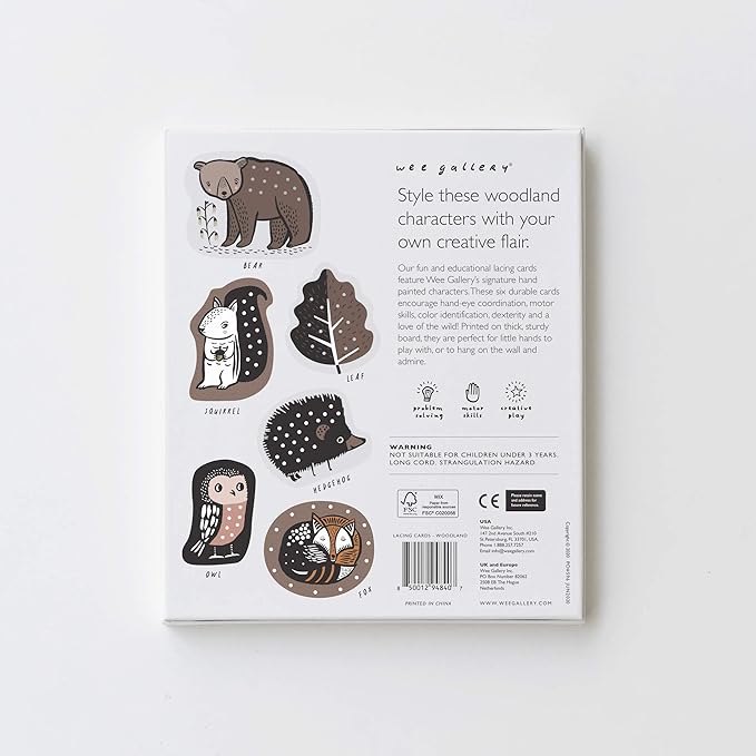 Wee Gallery Woodland Lacing Cards, Sewing Board and Travel Game for Toddlers and Preschoolers, Fine Motor Skills Toy, Montessori-Inspired Educational Kids Craft Activity for Ages 3+