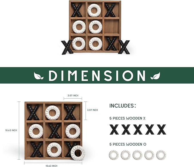 GENMOUS Wooden Tic Tac Toe Game Board for Seniors Family Indoor, 10.6 Inch Rustic Giant Tic Tac Toe Coffee Table Decor, Fun for Family Travel Outdoor Game Room Decor