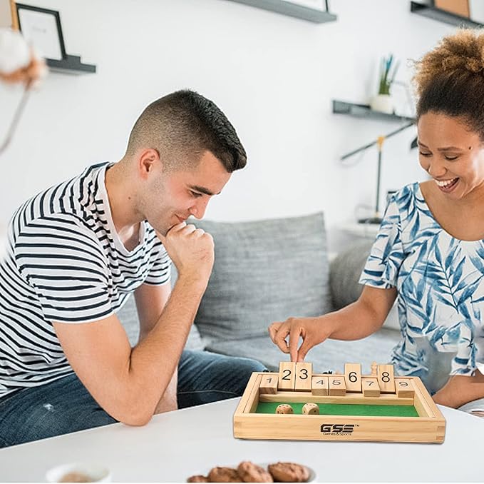 GSE Games & Sports Expert Wooden Shut The Box 9 Numbers Dice Game Board with 2 Wooden Dice, Classic Tabletop Version of The Popular English Pub Game