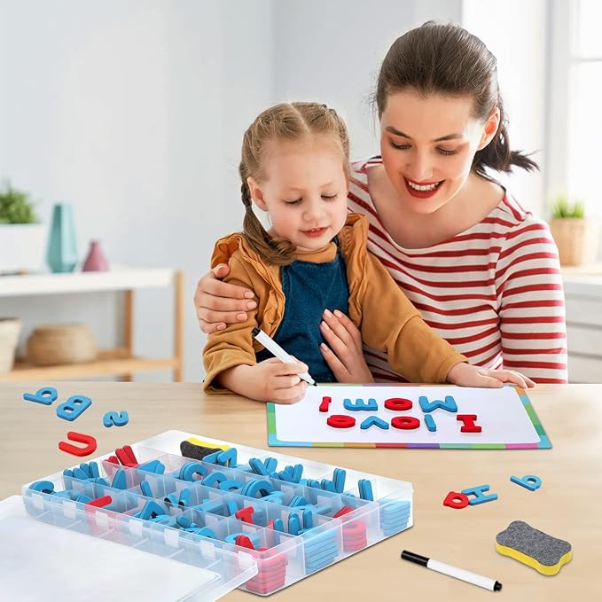 Magnetic Letters Kit, A-Z Foam Magnetic Letters, Alphabet Letters with Large Double-Side Magnet Board and Learning Cards, Educational Refrigerator Magnets for Preschool Learning Spelling (Blue/Red)