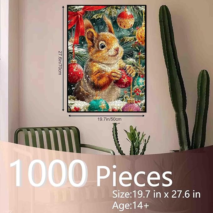Christmas Eve 1000 Piece Jigsaw Puzzles for Adults Squirrel Playing with Xmas Balls Painting Jigsaw Puzzle 1000 Animal/Wildlife Puzzles 20''x27”inch DIY Craft Puzzle Art Wall Decor Family Challenging