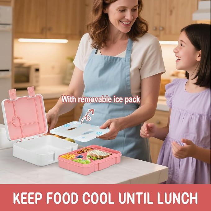 Chill Lunch Box Kids, Leak Proof Adult Bento Box with Ice Pack, 6 Compartment Lunch Container with Utensils for Girl Boy Back to School, 5.5-Cup Capacity, Dishwasher Safe, BPA Free