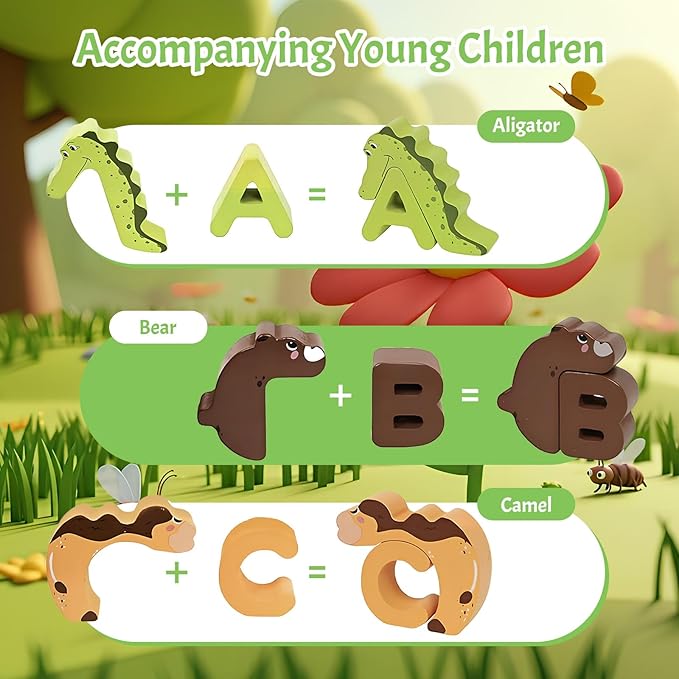 Wooden Alphabet Puzzle for Kids Ages 3-5 - 52pcs ABC Animal Matching Game with Storage Bag, Montessori Learning Toys, 3D Letter Recognition Puzzle, Non-Toxic Educational Gift for Toddlers