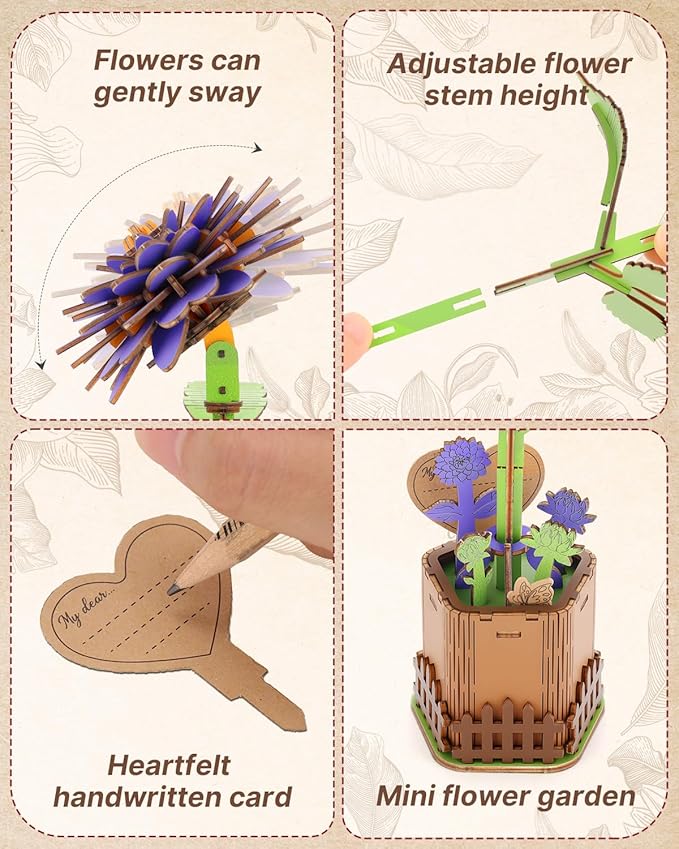 Welsky 3D Dahlia Wooden Puzzles for Adults, DIY Wooden Flower Craft Kit, Artificial Flowers Model Kit to Assemble for Adults.(6.14 * 3.9 * 8.86in 117PCS)