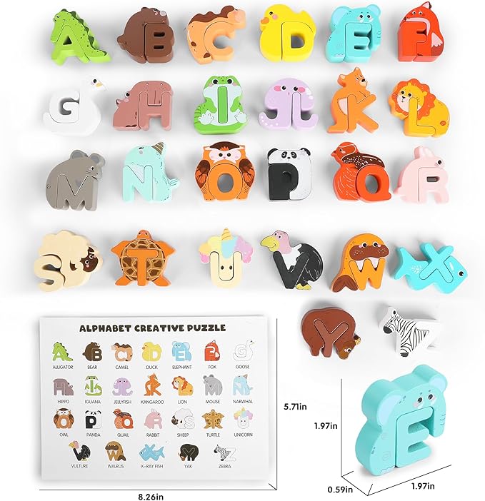 Animal Alphabet Puzzle Matching Game - Wooden Alphabet Learning Toys, ABC Puzzles for Toddlers 2-4, Montessori Educational Toys for Kids Ages 3-5 Up