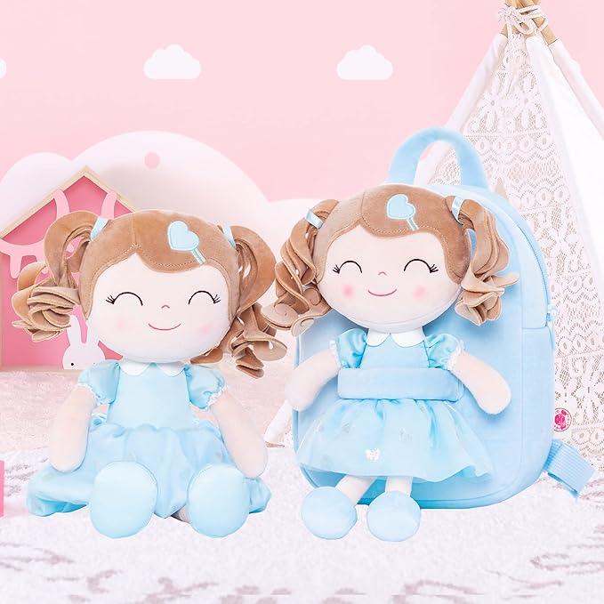 Gloveleya Back to School Gifts for Girls Toddler Backpack Baby Girls Gift Plush Bag Diaper Bag with Spring Girl Doll Curly Hair Girl Toys with Love Blue 9 Inches