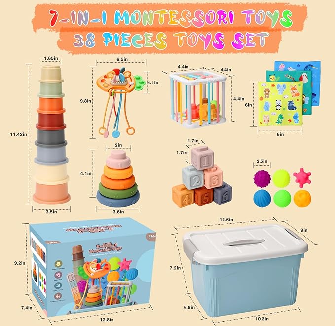 Baby Toys 6 to12 Months, 7 in-1 Montessori Toy for 6-9-12-18 Month Old with Pull String Toy, Sensory Bin Toys, Stacking Baby Blocks & Soft Infant Ring & Sensory Ball, Stacking Cups for Toddler Gift