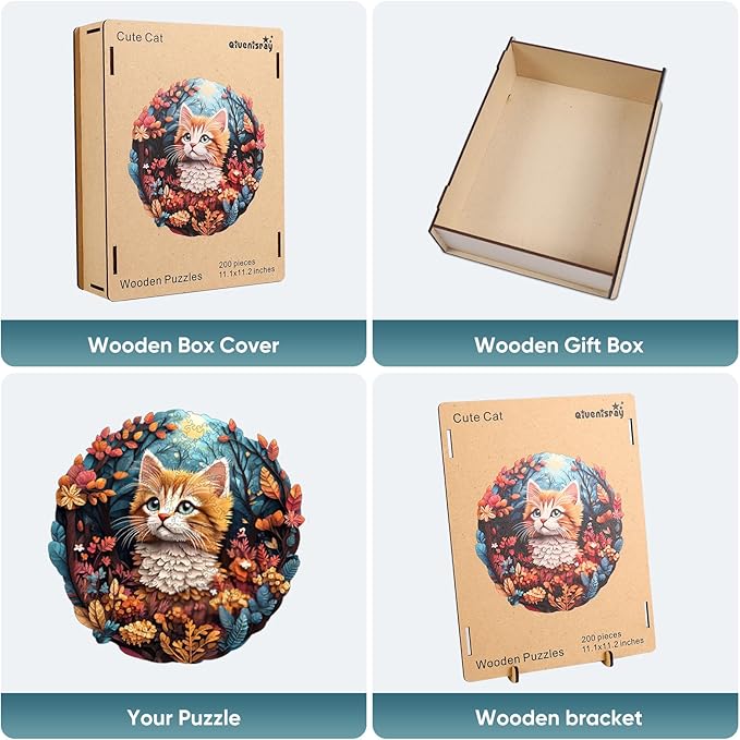 Wooden Puzzles for Mom - 3D Vision Effect Flower and Cat Wooden Puzzle 200 Pcs Unique Shape Advanced Jigsaw Puzzle, Wood Puzzles, Challenge Jigsaw Puzzle(11.2 x 11.2 in)