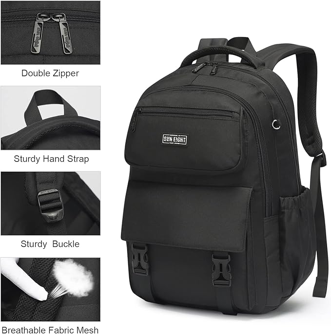 SUN EIGHT 35L Waterproof School Backpack for College, Kids Backpack Lightweight Large Capacity Travel Bag with Multi Pockets(Black)