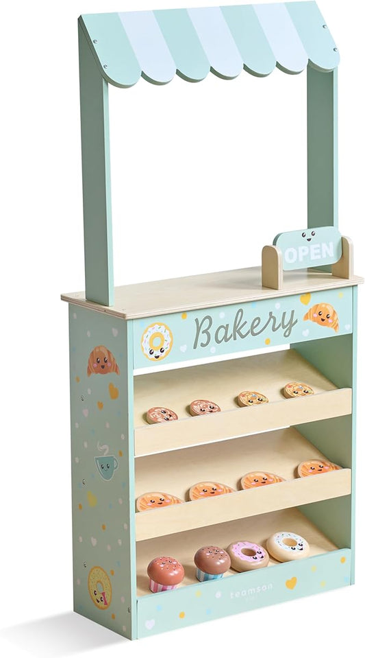 Teamson Kids Jolly Pals Wooden Bakery Market Stand Pretend Playset for Kids Ages 3+, Pastry Play Food Rotating Open/Close Sign, Hidden Storage Educational Role-Play, Pretend Play Wooden Market Stall