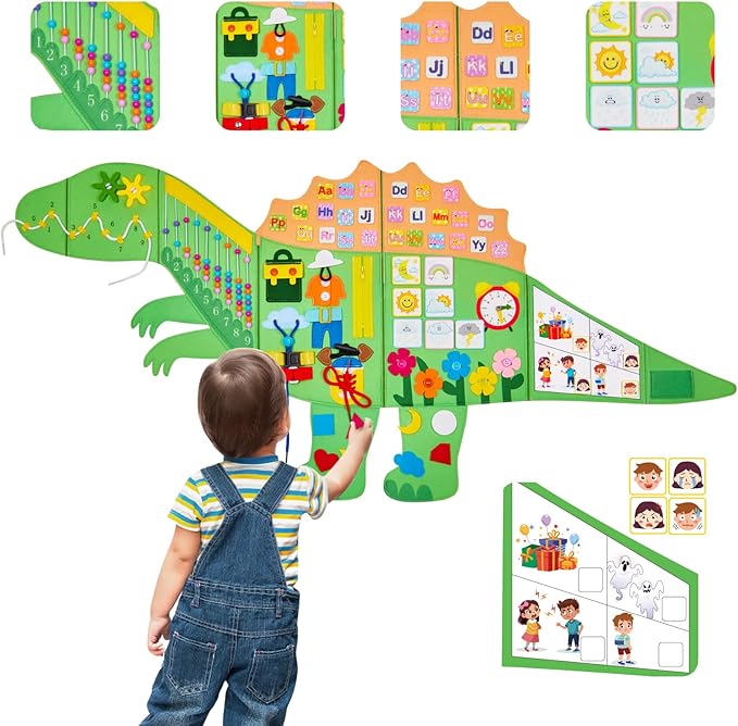 Dinosaur Montessori Busy Board: 10 in1 Sensory Wall Panel for Kids, Toddler Sensory Toys Learning Activity Wall for Playroom, Daycare, Class, Travel, Gifts for 3 4 5 6 Year Old Boys Girls