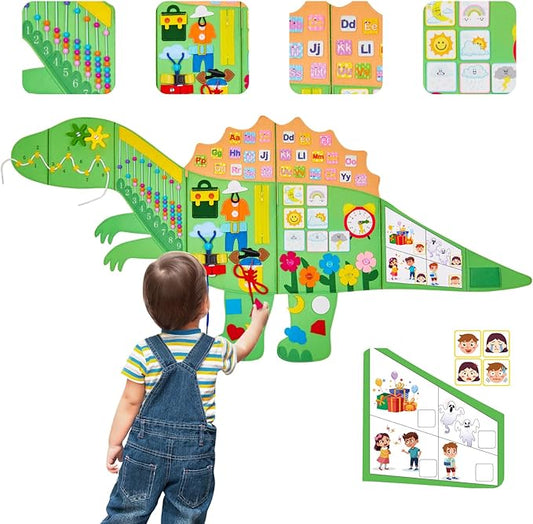 Dinosaur Montessori Busy Board: 10 in1 Sensory Wall Panel for Kids, Toddler Sensory Toys Learning Activity Wall for Playroom, Daycare, Class, Travel, Gifts for 3 4 5 6 Year Old Boys Girls