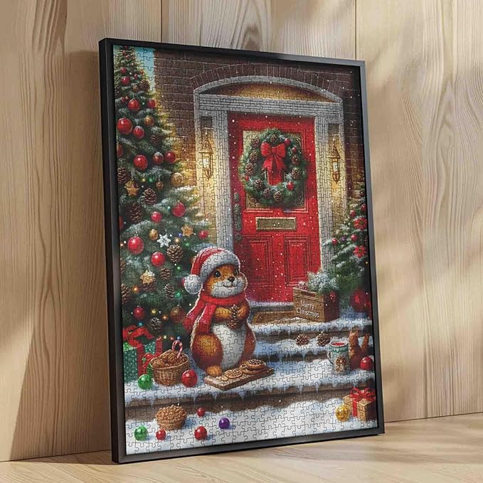 Christmas 1000 Piece Jigsaw Puzzles for Adults Squirrel Wearing Red Hat Painting Christmas Tree Jigsaw Puzzle 1000 Pieces Winter Scene Holiday Puzzles Family Fun Game DIY Craft Bedroom Decor Gift