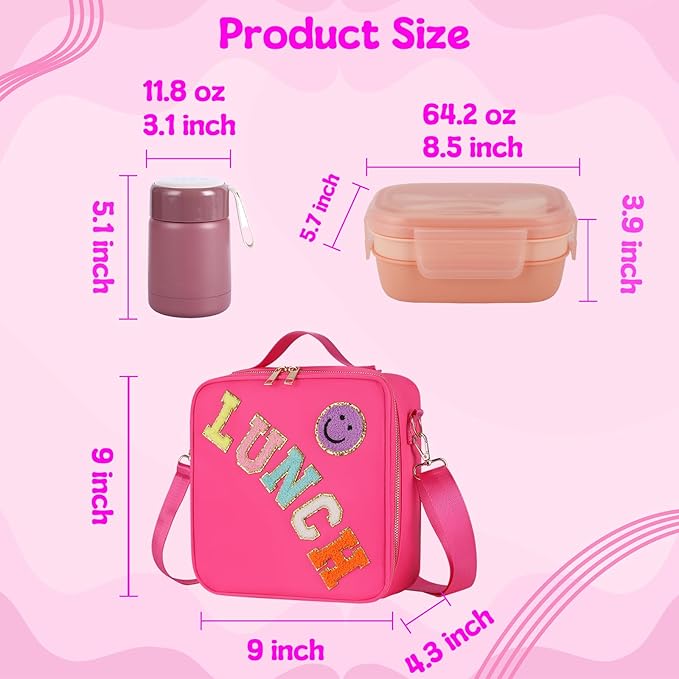 Bento Lunch Box Set for Girl Kids, with 10oz Soup Thermo, Leak-Proof Food Containers, Insulated Nylon Preppy Lunch Bag with Adjustable Strap for Girls School Travel Picnic