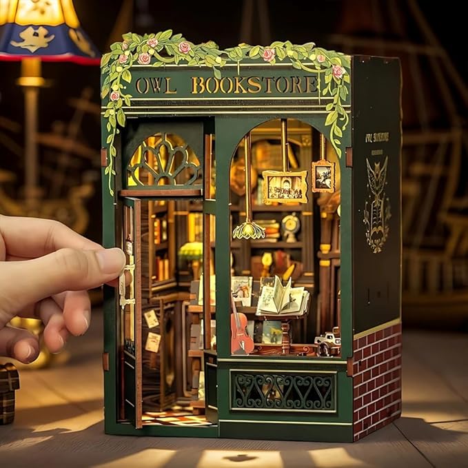 Cutefun Book Nook Kit - DIY Miniature House Kit for Bookshelf Decor, Book Nook Kits for Adults & Beginners, 3D Wooden Puzzle Dollhouse, Ideal Gift for Family and Friends (OWL Bookstore)
