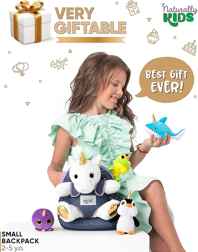 Naturally KIDS Toddler Unicorn Backpack w Plush Unicorn Toys, Gifts for 2-5 Year Old Girls, Toddler Backpack
