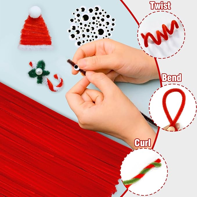 URSDIART (350pcs/Set) Red Pipe Cleaners and Wiggle Eyes,12 Inch 300pcs Red Pipe Cleaners for Crafts,Chenille Stems Pipe Cleaners Bulk Fuzzy Sticks DIY Creative, Christmas Decoration Art Supplies