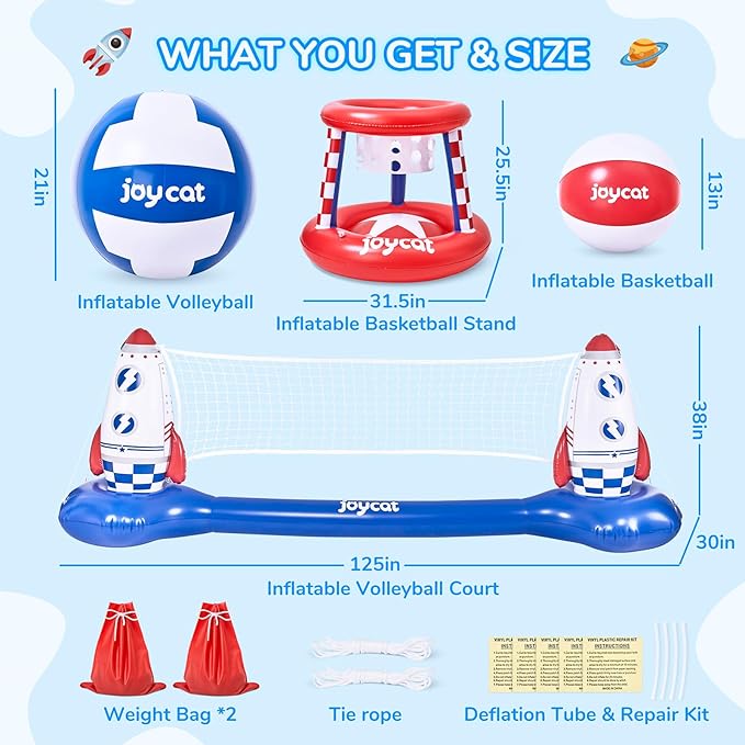 JoyCat Inflatable Pool Volleyball Set,125 Inch Volleyball Net & Basketball Hoop,Floating Swimming Pool Games Lake Beach Toys for Kids,Water Games for Adults and Family,Pools Party Gift Essentials