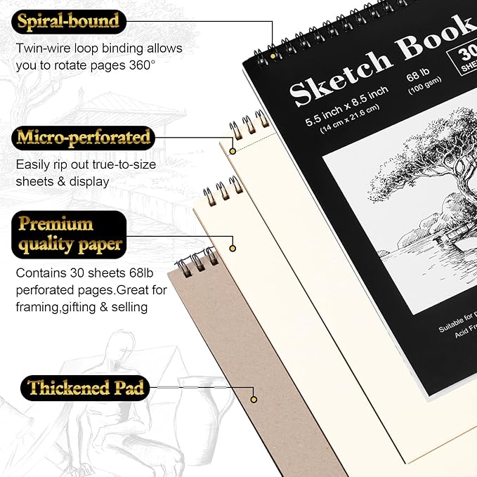 Humyoun 24 Pcs Sketch Drawing Pencils Kit Includes 5.5 x 8.5 Sketch Book and Graphite Pencils (12b - 4h) Top Spiral Bound Sketch Pad for Artists Beginners Teachers