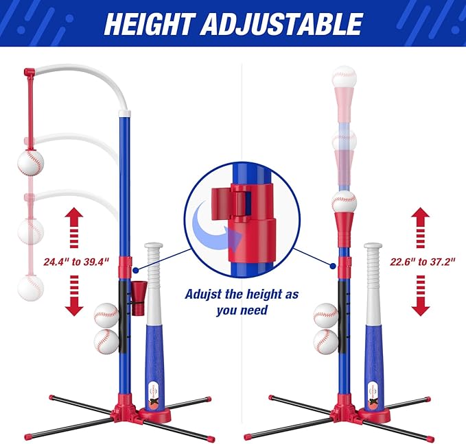 3-in-1 Baseball Set for Kids 3-5 - Tee Ball Stand, Hanging Tee, Ball Launcher and 6 Softballs - Adjustable Height, Indoor/Outdoor Sport Gifts for Boys Girls, Blue