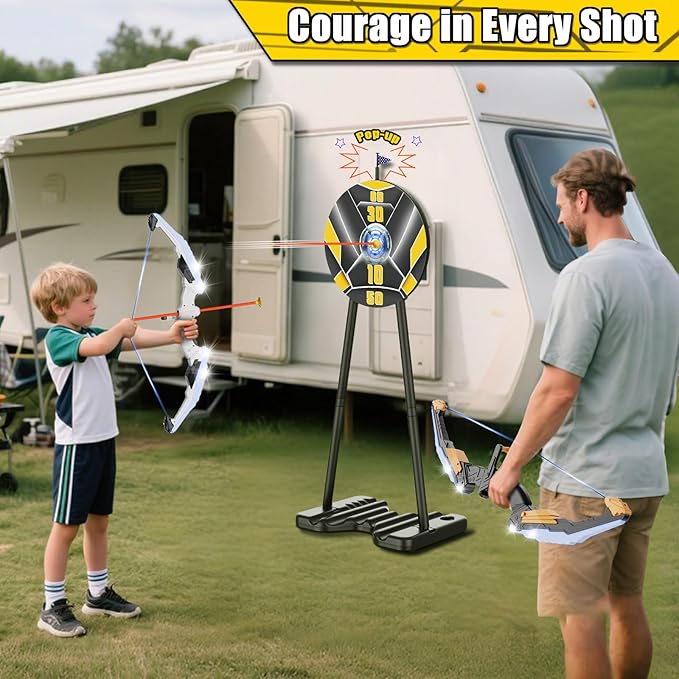 TIGTECGAME 2 Pack Bow and Arrow for Kids, LED Light Up Archery Set with 20 Suction Cup Arrows, 1 Standing Target with Flag Score, Indoor Outdoor Play Sport Toys Gifts for Kids, Boys & Girls Ages 3-12
