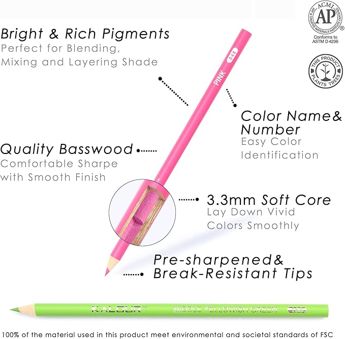 KALOUR 180 Colored Pencil Set for Adults Artists - Rich Pigment Soft Core -12 Metallic Pencil - Ideal for Coloring Drawing Sketching Shading Blending - Vibrant Color(Tin Case)