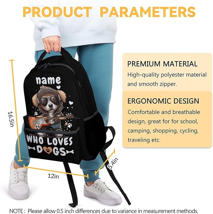 Custom Dog Backpacks for Kids, Large Capacity Backpack for School, Cute Black Doggy Print Lightweight Bookbag for Boys & Girls