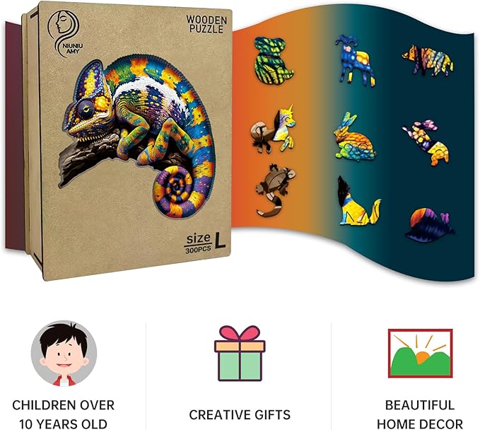Wooden Puzzles,Chameleon Jigsaw Puzzles,300 Pieces Colorful Animal Puzzle,Birthday Gift Family Game 14.9 x 14.9 Inch,Unique Shaped Wooden Puzzle for Adults