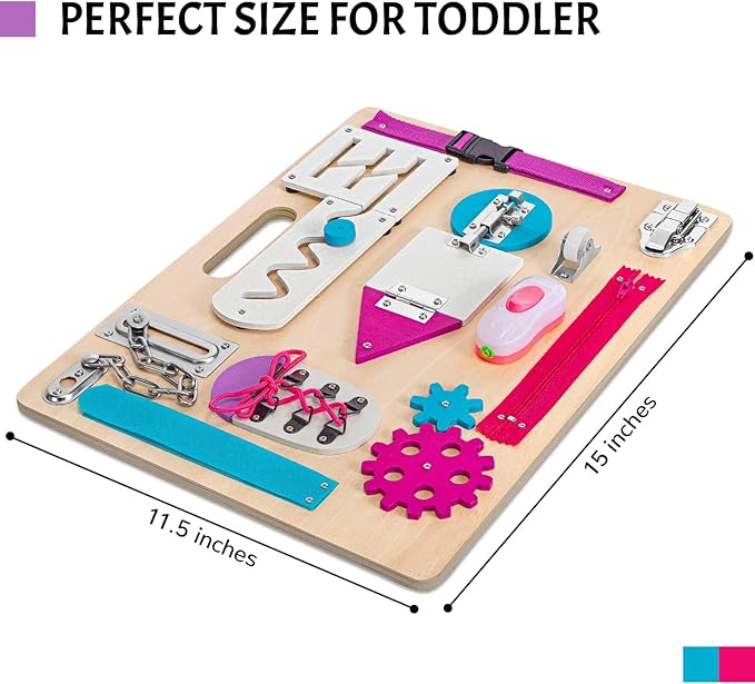 Montessori Busy Board for Toddlers, Wooden Sensory Toys, Kids 1-3 Travel Toy, Preschool Learning Activities for Fine Motor Skills, Basic Life Skills Educational Gifts for 1 2 3 Years Old Girls (Pink)