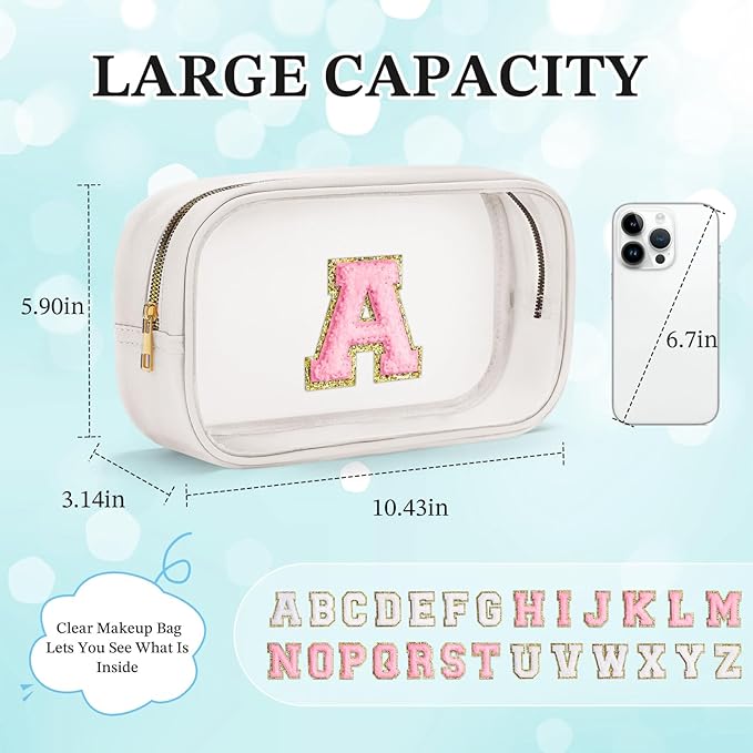 YOOLIFE Initial Make Up Bag Travel Toiletry Bag, Clear Makeup Bag Preppy Cosmetic Bag Clear Makeup Bags With Zipper Girlfriend Teacher 6 Year Old Girl Gifts Daughter Gifts Swim Gifts For Girls White R
