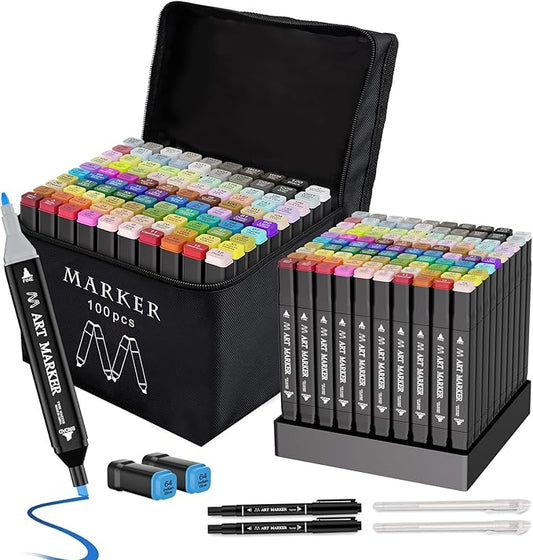 Banral Alcohol Markers Set, 100 Colors Dual Tip Alcohol Based Art Marker for Artists, Permanent Drawing Pens for Adult Coloring Sketching Illustration with Case and Holders